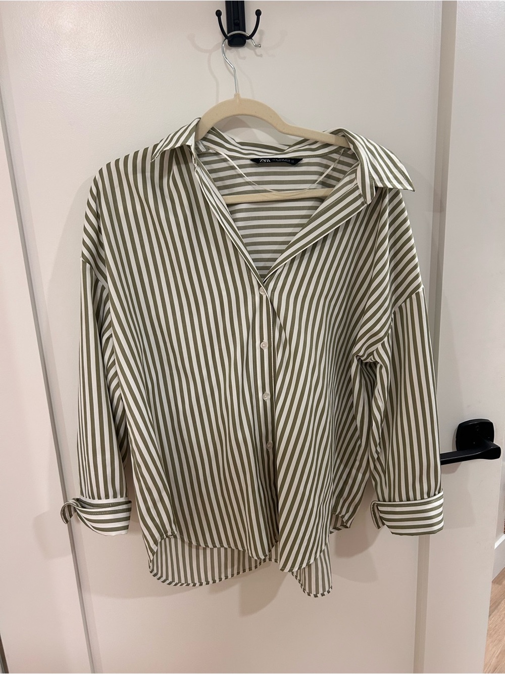 Zara Olive and White Striped Relaxed Button-Down Shirt